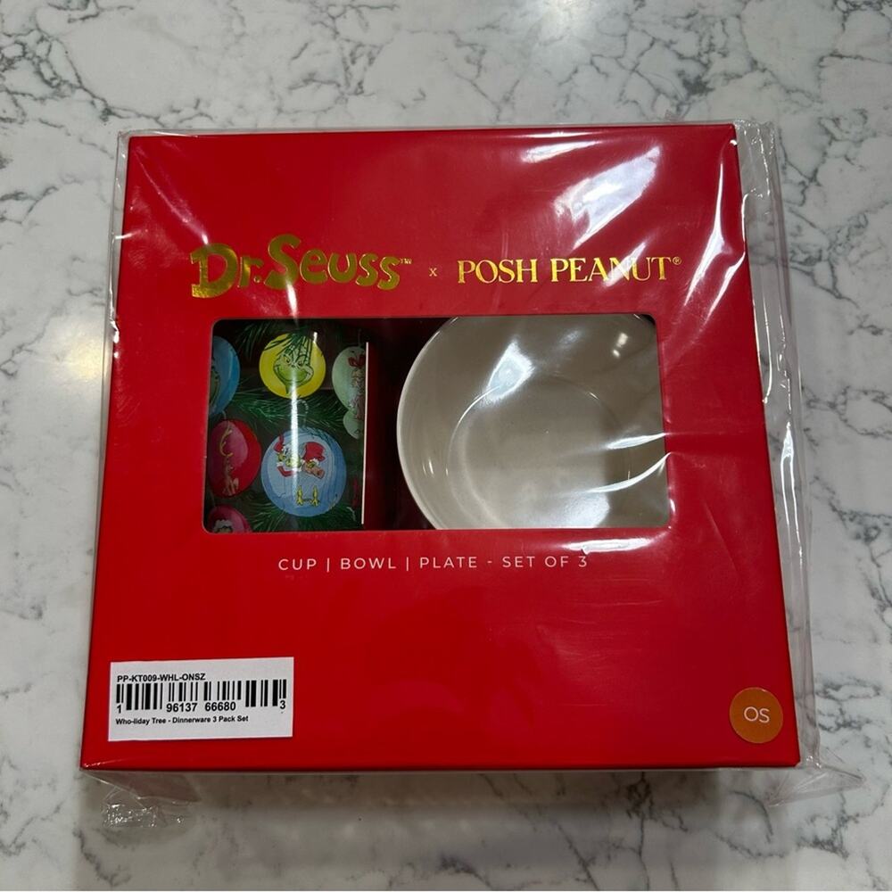 New in Box Posh Peanut X The Grinch Dr.Seuss 3‎ Piece Cup Bowl Plate Set